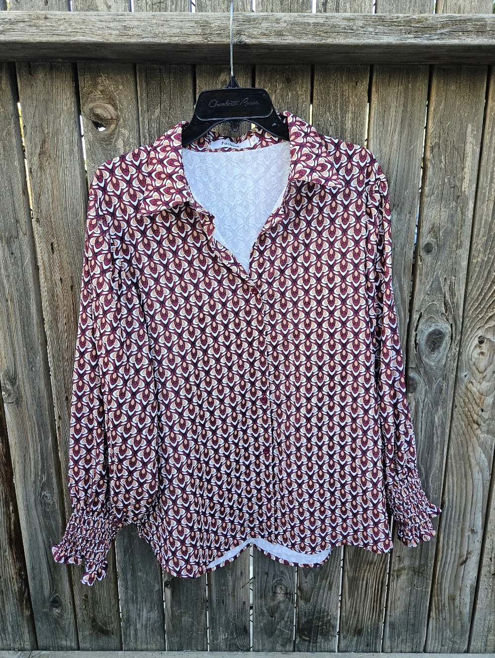 Fashion Woven Geometric Button-Front Blouse - Burgundy Women's Size XL - Picture 2 of 16